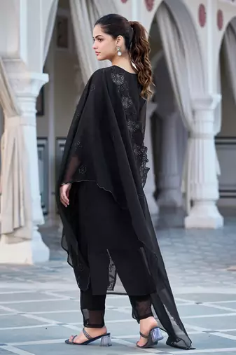 Black embroidered faux blooming georgette kurta set with dupatta