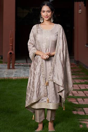Grey embroidered vichitra silk kurta set with dupatta