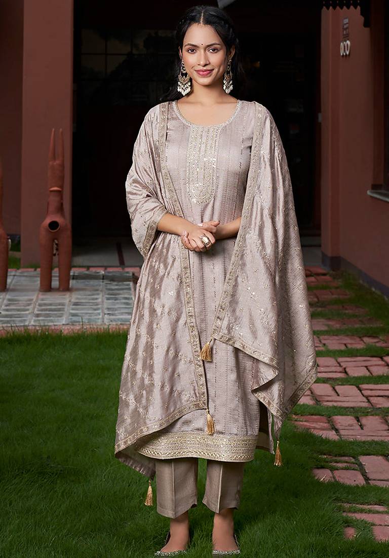 Grey embroidered vichitra silk kurta set with dupatta