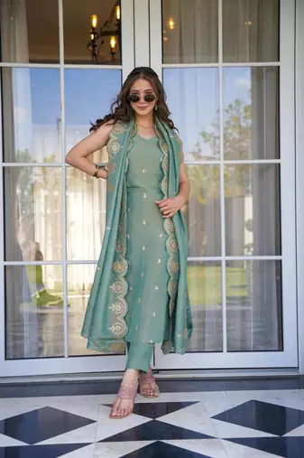 Sea green embroidered viscose chanderi kurta set with dupatta