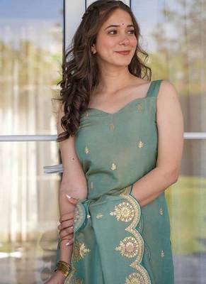 Sea green embroidered viscose chanderi kurta set with dupatta 4