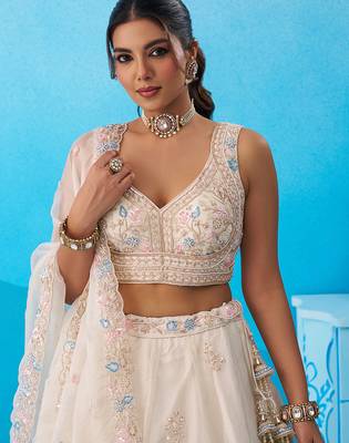 Cream- Tissue Beads & Sequinned Floral Embroidered Semi-Stitched Lehenga  & Unstitched Blouse With Dupatta 2