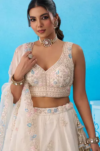 Cream- Tissue Beads & Sequinned Floral Embroidered Semi-Stitched Lehenga & Unstitched Blouse With Dupatta