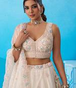 Cream- Tissue Beads & Sequinned Floral Embroidered Semi-Stitched Lehenga & Unstitched Blouse With Dupatta
