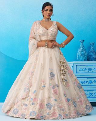 Cream- Tissue Beads & Sequinned Floral Embroidered Semi-Stitched Lehenga  & Unstitched Blouse With Dupatta 1