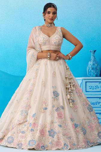 Cream- Tissue Beads & Sequinned Floral Embroidered Semi-Stitched Lehenga & Unstitched Blouse With Dupatta