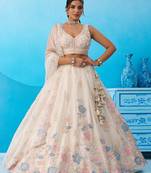 Cream- Tissue Beads & Sequinned Floral Embroidered Semi-Stitched Lehenga & Unstitched Blouse With Dupatta