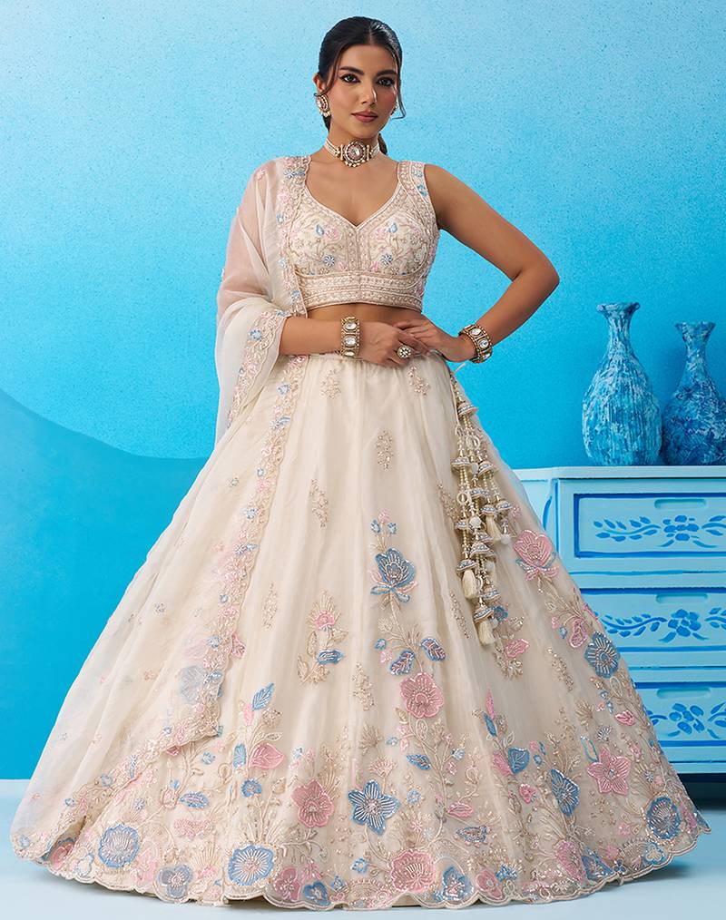 Cream- Tissue Beads & Sequinned Floral Embroidered Semi-Stitched Lehenga & Unstitched Blouse With Dupatta
