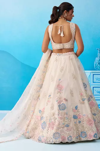 Cream- Tissue Beads & Sequinned Floral Embroidered Semi-Stitched Lehenga & Unstitched Blouse With Dupatta