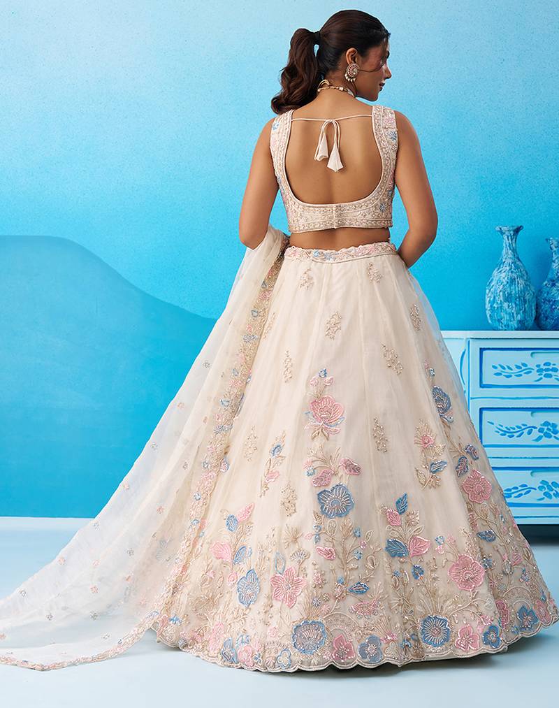 Cream- Tissue Beads & Sequinned Floral Embroidered Semi-Stitched Lehenga & Unstitched Blouse With Dupatta