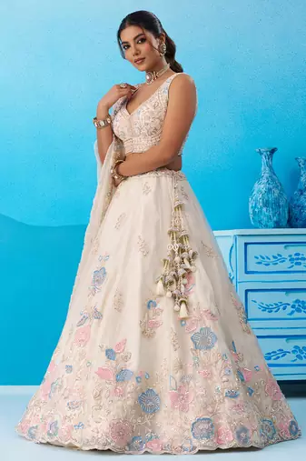 Cream- Tissue Beads & Sequinned Floral Embroidered Semi-Stitched Lehenga & Unstitched Blouse With Dupatta