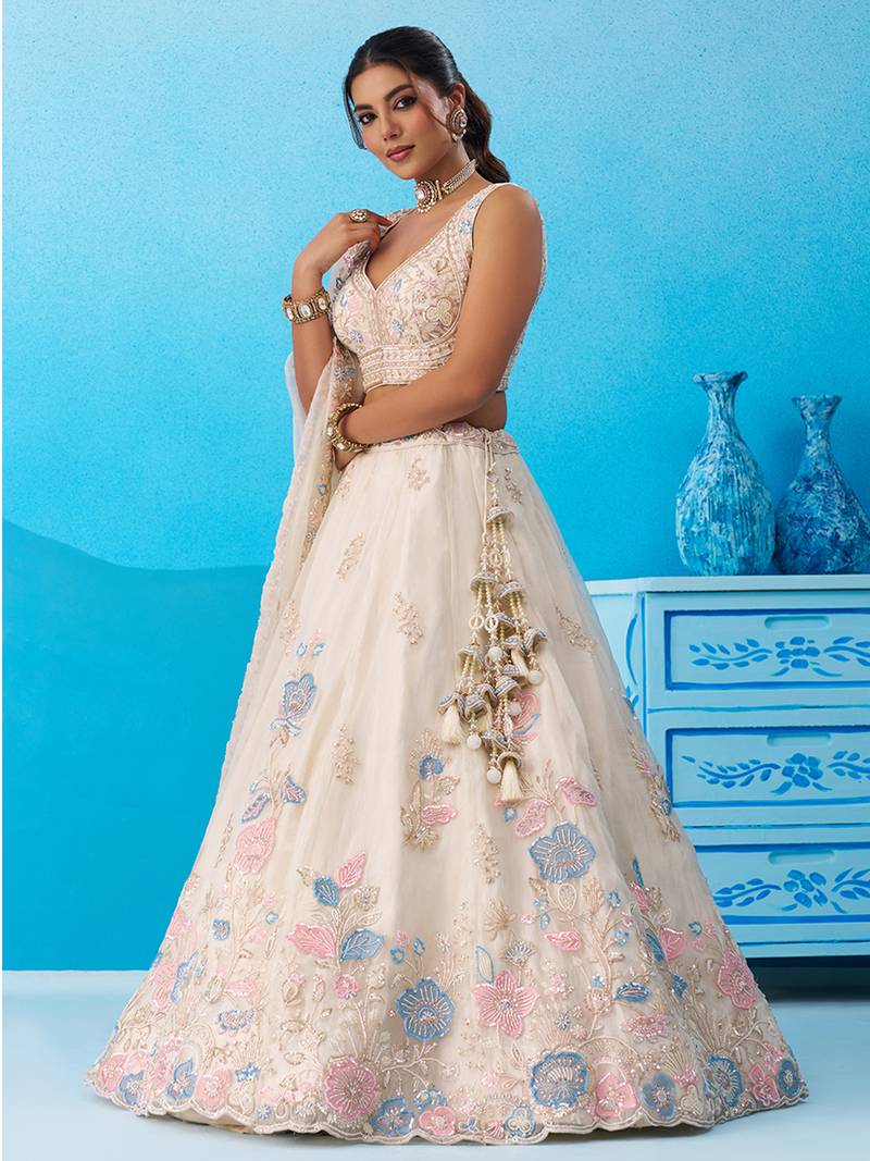 Cream- Tissue Beads & Sequinned Floral Embroidered Semi-Stitched Lehenga & Unstitched Blouse With Dupatta