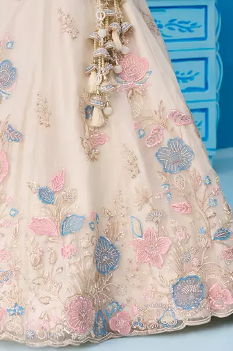 Cream- Tissue Beads & Sequinned Floral Embroidered Semi-Stitched Lehenga & Unstitched Blouse With Dupatta