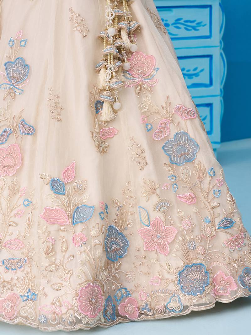 Cream- Tissue Beads & Sequinned Floral Embroidered Semi-Stitched Lehenga & Unstitched Blouse With Dupatta