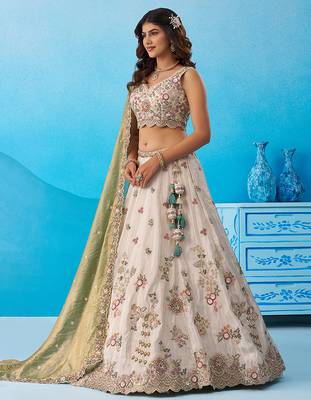 Cream- Tissue Sequins Embroidered Semi-Stitched Lehenga  & Unstitched Blouse With Dupatta 3