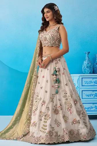 Cream- Tissue Sequins Embroidered Semi-Stitched Lehenga & Unstitched Blouse With Dupatta