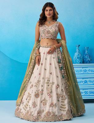 Cream- Tissue Sequins Embroidered Semi-Stitched Lehenga  & Unstitched Blouse With Dupatta 1