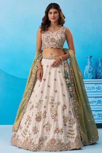 Cream- Tissue Sequins Embroidered Semi-Stitched Lehenga & Unstitched Blouse With Dupatta