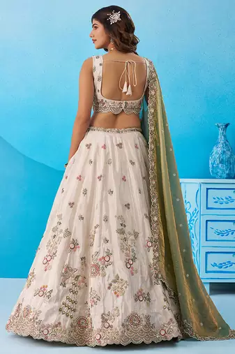 Cream- Tissue Sequins Embroidered Semi-Stitched Lehenga & Unstitched Blouse With Dupatta