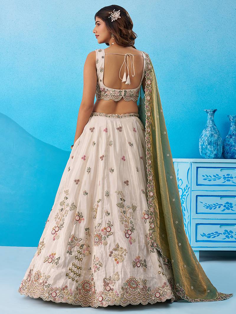 Cream- Tissue Sequins Embroidered Semi-Stitched Lehenga & Unstitched Blouse With Dupatta