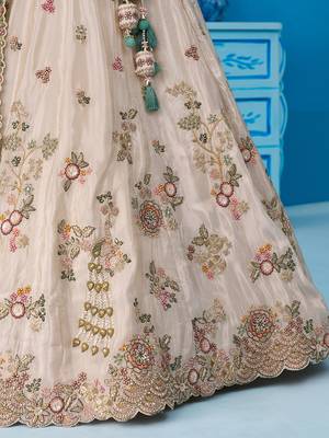 Cream- Tissue Sequins Embroidered Semi-Stitched Lehenga  & Unstitched Blouse With Dupatta 5