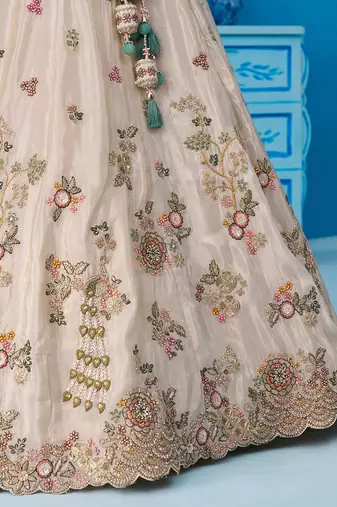 Cream- Tissue Sequins Embroidered Semi-Stitched Lehenga & Unstitched Blouse With Dupatta