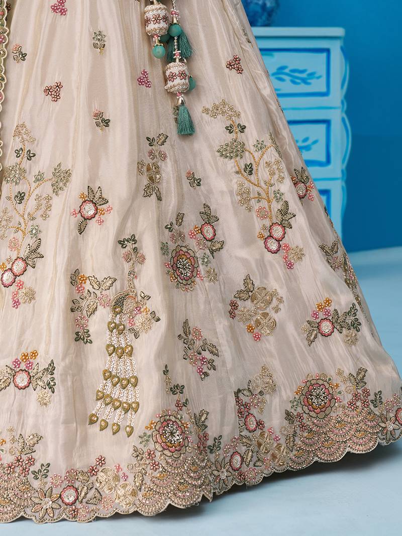 Cream- Tissue Sequins Embroidered Semi-Stitched Lehenga & Unstitched Blouse With Dupatta