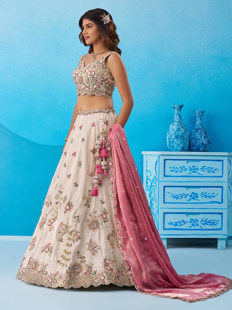 Cream- Tissue Sequins Embroidered Semi-Stitched Lehenga & Unstitched Blouse With Dupatta
