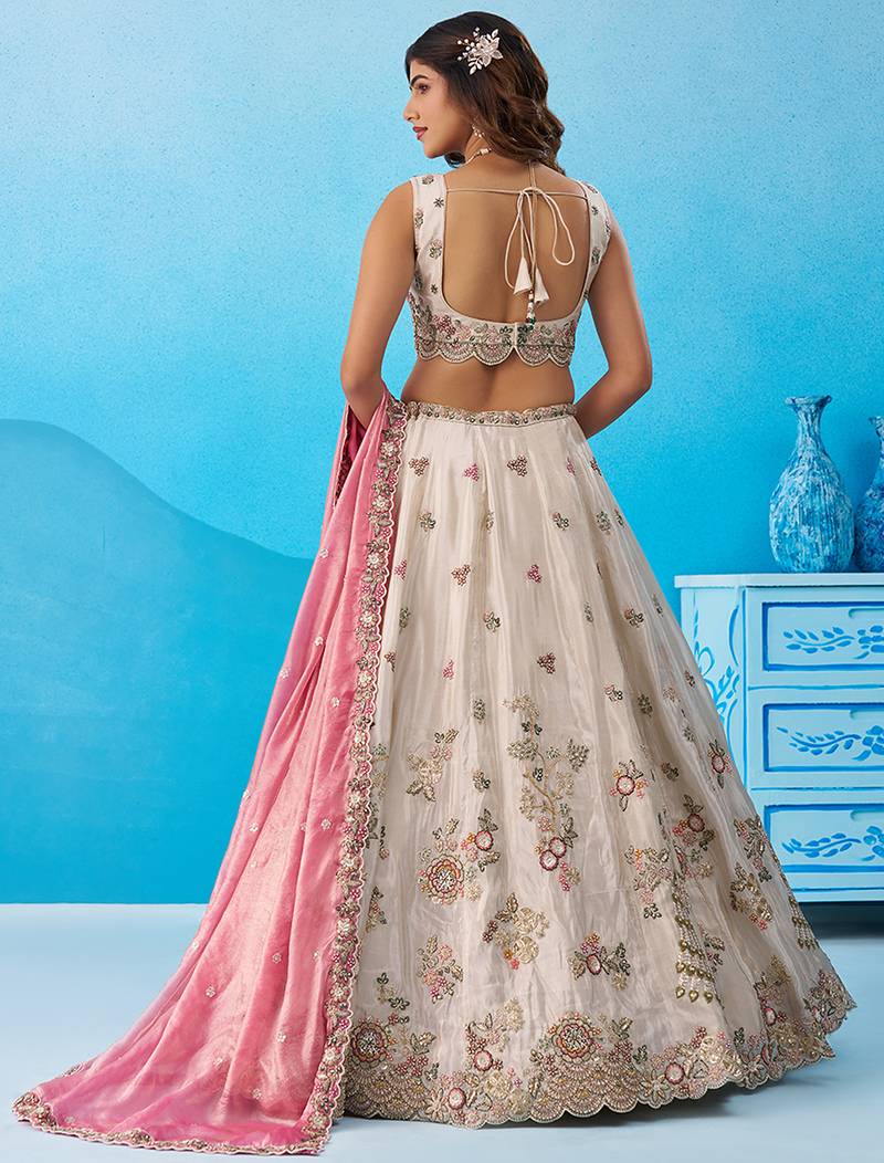 Cream- Tissue Sequins Embroidered Semi-Stitched Lehenga & Unstitched Blouse With Dupatta