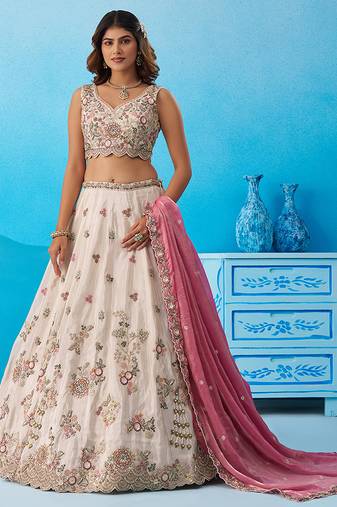 Cream- Tissue Sequins Embroidered Semi-Stitched Lehenga & Unstitched Blouse With Dupatta