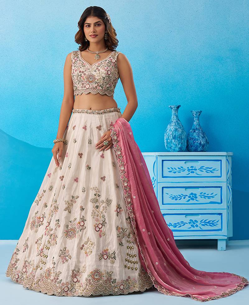 Cream- Tissue Sequins Embroidered Semi-Stitched Lehenga & Unstitched Blouse With Dupatta