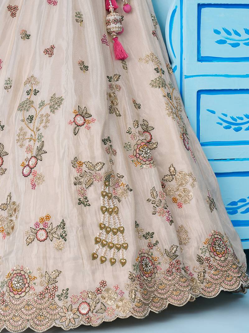 Cream- Tissue Sequins Embroidered Semi-Stitched Lehenga & Unstitched Blouse With Dupatta
