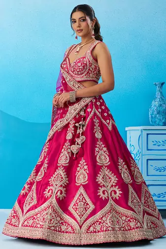Pink- Silk Beads & Sequins Embroidered Semi-Stitched Lehenga & Unstitched Blouse With Dupatta