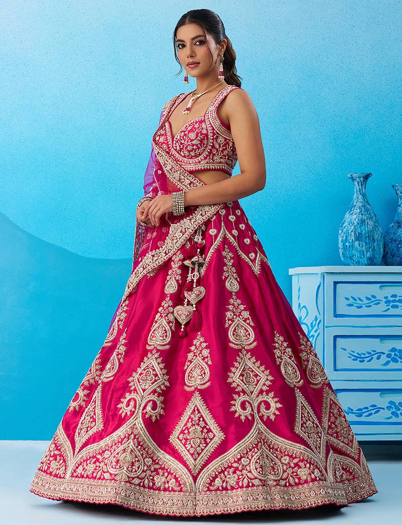 Pink- Silk Beads & Sequins Embroidered Semi-Stitched Lehenga & Unstitched Blouse With Dupatta