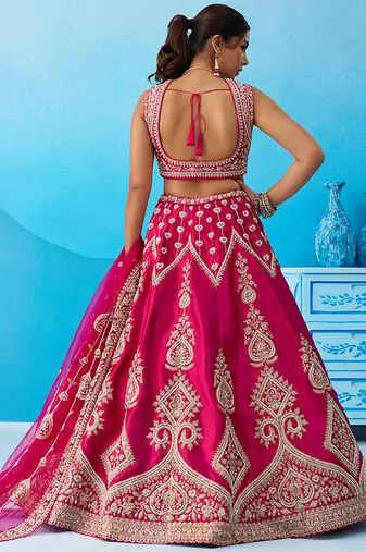 Pink- Silk Beads & Sequins Embroidered Semi-Stitched Lehenga & Unstitched Blouse With Dupatta