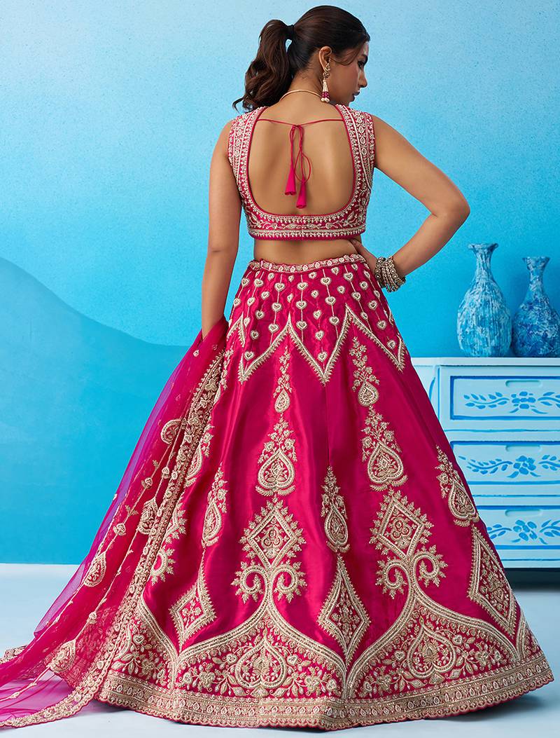 Pink- Silk Beads & Sequins Embroidered Semi-Stitched Lehenga & Unstitched Blouse With Dupatta