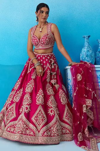 Pink- Silk Beads & Sequins Embroidered Semi-Stitched Lehenga & Unstitched Blouse With Dupatta