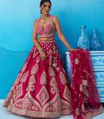 Pink- Silk Beads & Sequins Embroidered Semi-Stitched Lehenga & Unstitched Blouse With Dupatta
