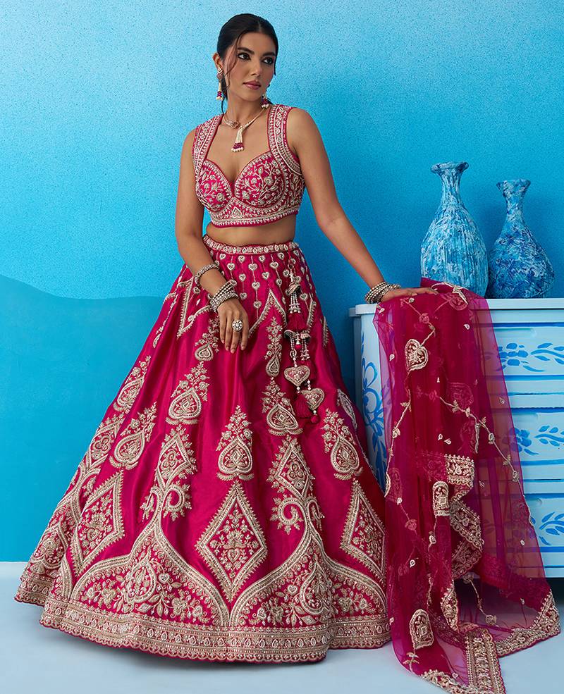 Pink- Silk Beads & Sequins Embroidered Semi-Stitched Lehenga & Unstitched Blouse With Dupatta