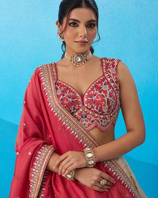 Cream- Jacquard Tissue Sequinned Thread & Embroidered Semi-Stitched Lehenga & Unstitched Blouse With Dupatta 2