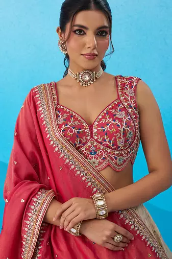 Cream- Jacquard Tissue Sequinned Thread & Embroidered Semi-Stitched Lehenga & Unstitched Blouse With Dupatta