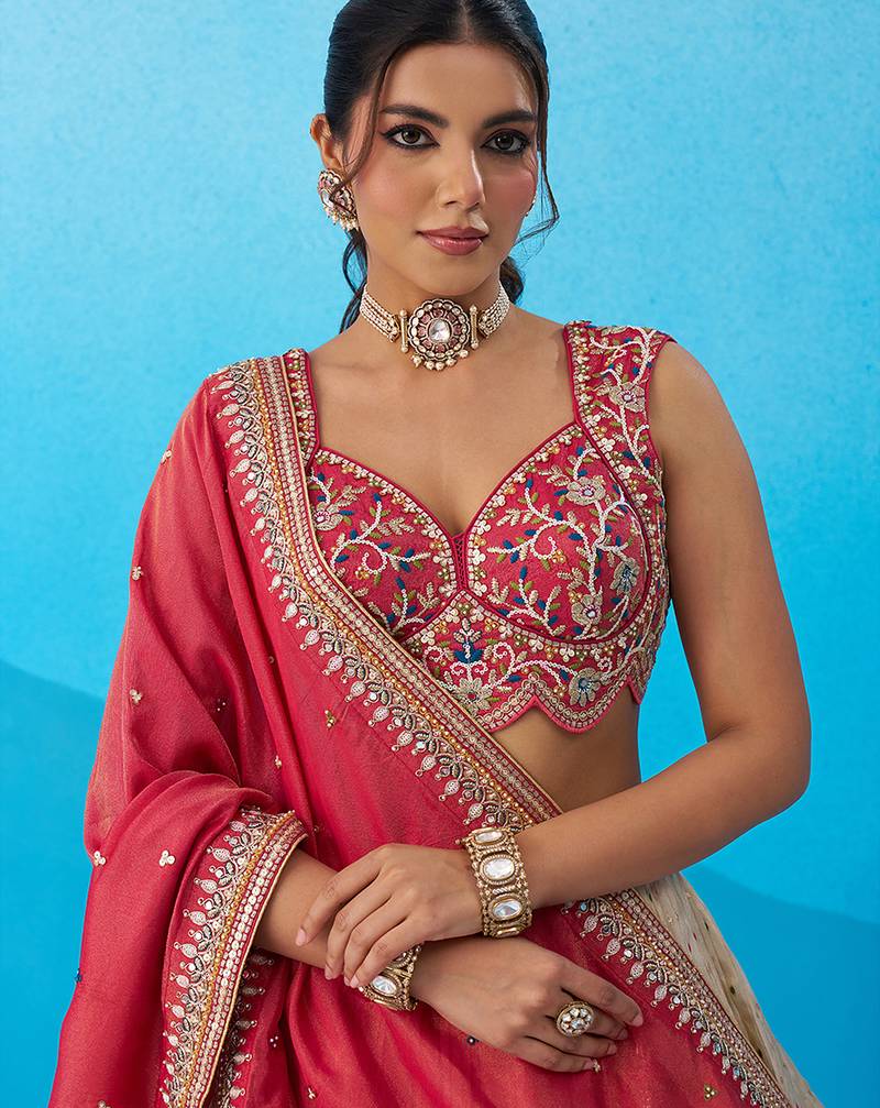 Cream- Jacquard Tissue Sequinned Thread & Embroidered Semi-Stitched Lehenga & Unstitched Blouse With Dupatta