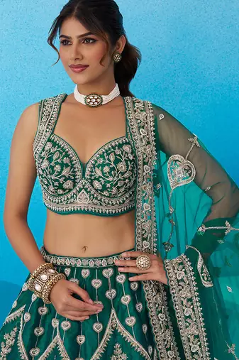 Green- Silk Beads & Sequins Embroidered Semi-Stitched Lehenga & Unstitched Blouse With Dupatta