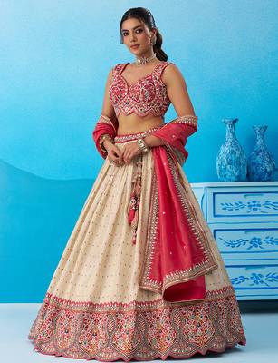 Cream- Jacquard Tissue Sequinned Thread & Embroidered Semi-Stitched Lehenga & Unstitched Blouse With Dupatta 3