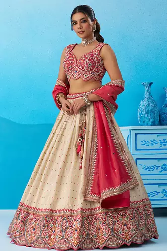 Cream- Jacquard Tissue Sequinned Thread & Embroidered Semi-Stitched Lehenga & Unstitched Blouse With Dupatta