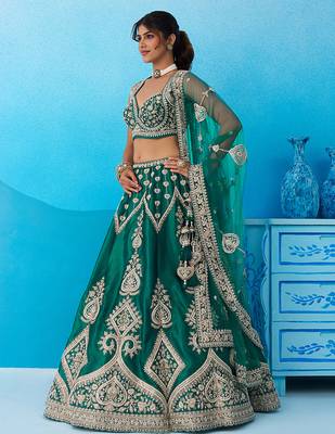 Green- Silk Beads & Sequins Embroidered Semi-Stitched Lehenga  & Unstitched Blouse With Dupatta 3