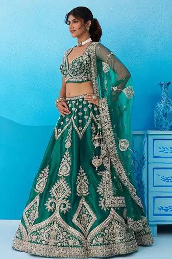 Green- Silk Beads & Sequins Embroidered Semi-Stitched Lehenga & Unstitched Blouse With Dupatta
