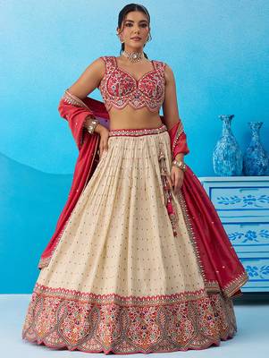 Cream- Jacquard Tissue Sequinned Thread & Embroidered Semi-Stitched Lehenga & Unstitched Blouse With Dupatta 1