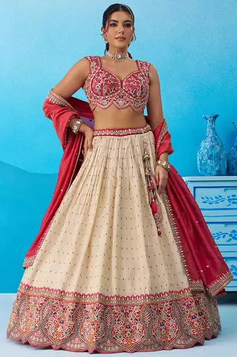 Cream- Jacquard Tissue Sequinned Thread & Embroidered Semi-Stitched Lehenga & Unstitched Blouse With Dupatta