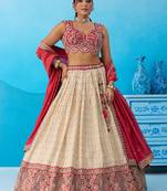 Cream- Jacquard Tissue Sequinned Thread & Embroidered Semi-Stitched Lehenga & Unstitched Blouse With Dupatta